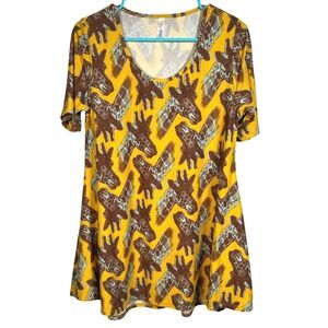 LuLaRoe Giraffe Print Tunic Top Mustard Yellow Short Sleeve Scoop Neck Zoo XS